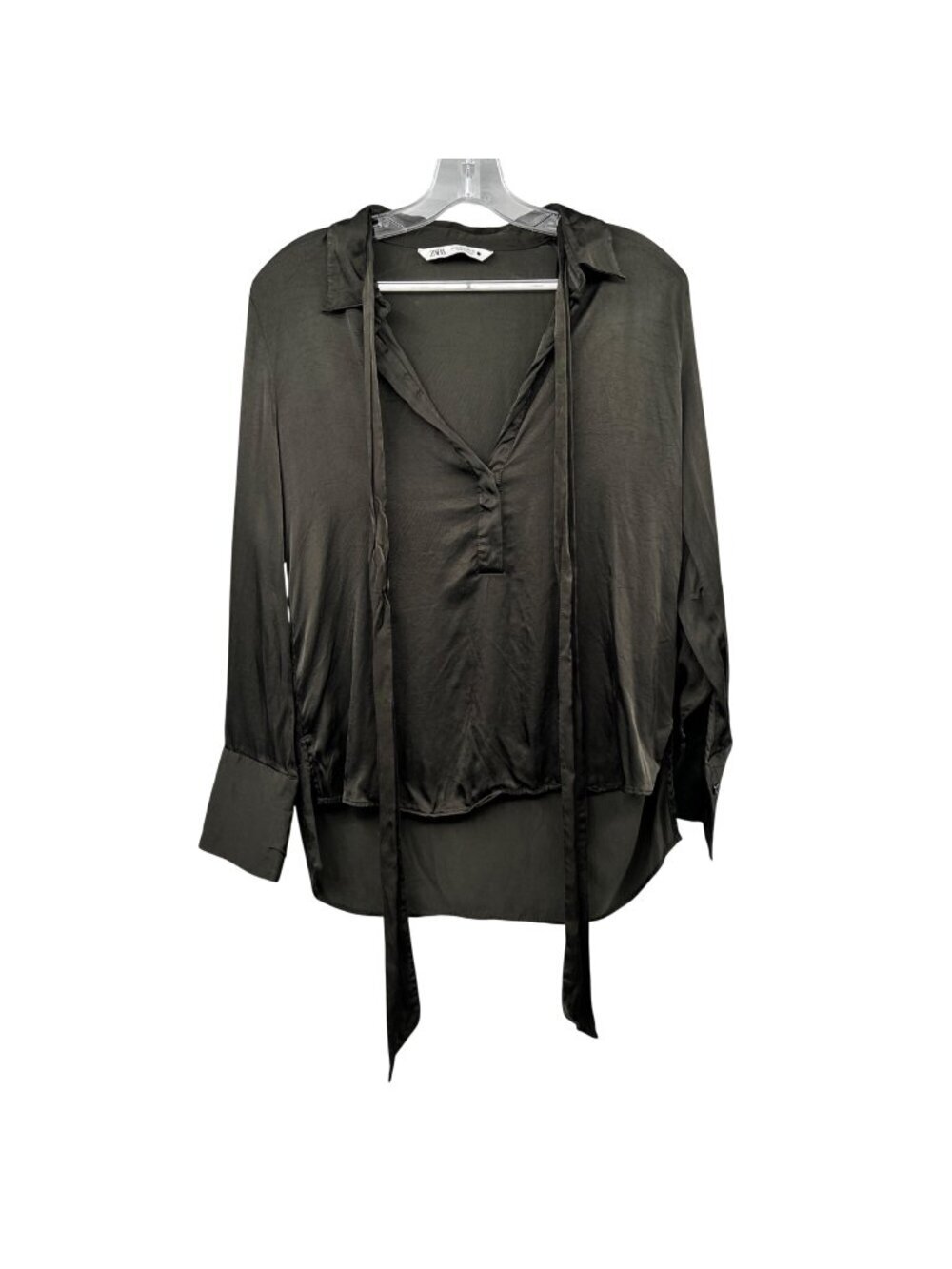 Zara Womens Popover Blouse Tie Neck High Low Hem Long Sleeve Dark Green Small